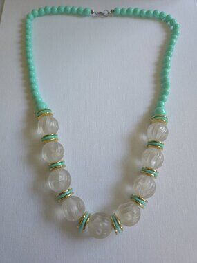 Vintage 1980s Chunky Aqua Mint Green Clear Melon Bead Necklace